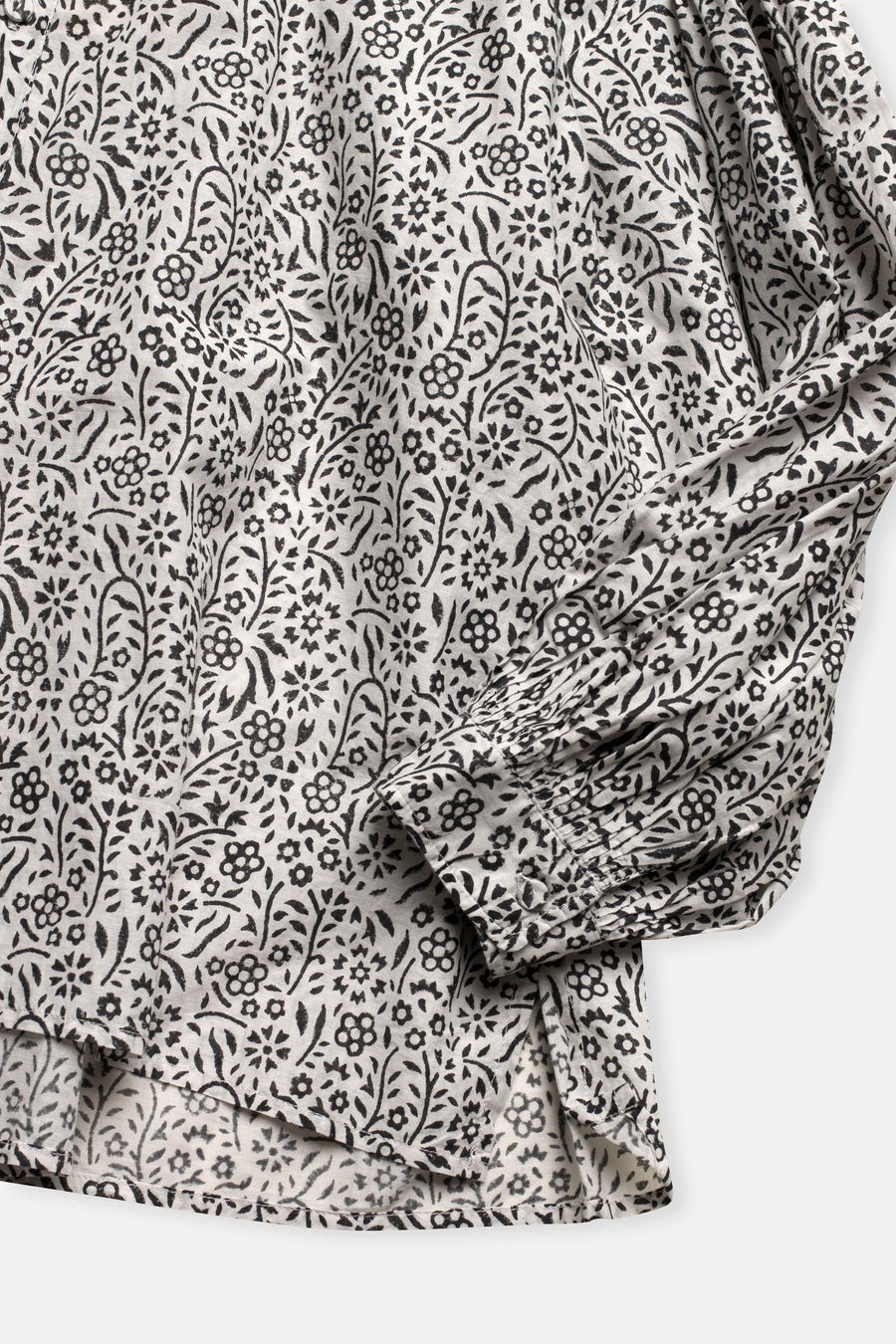 cotton flower block print banded collar shirt