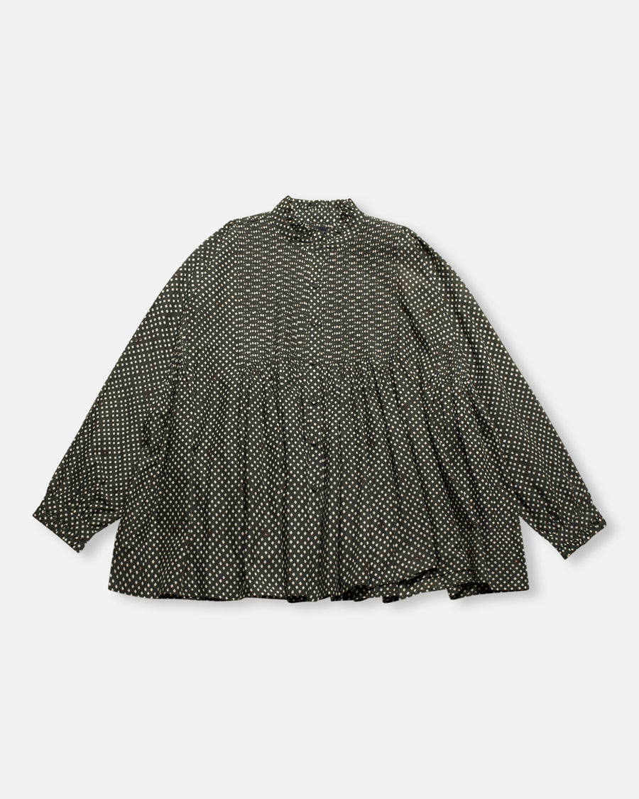 square block print mini pintuck frill collar shirt