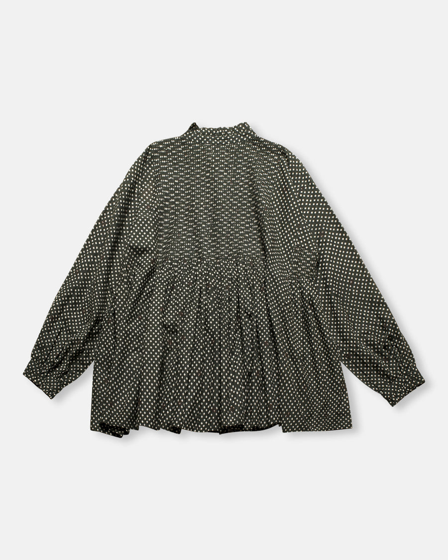 square block print mini pintuck frill collar shirt